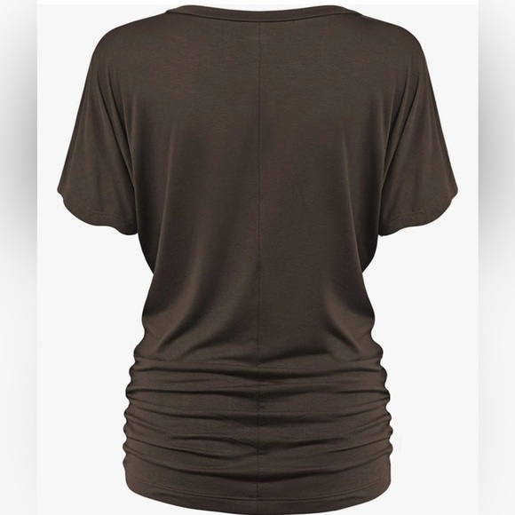 Women's Solid Short Sleeve Boat Neck V Neck Dolman Top with Side Shirring - Picture 3 of 5